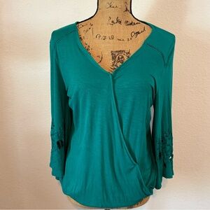 Maurices wrap front v- neck blouse with teal detailed bell sleeves medium